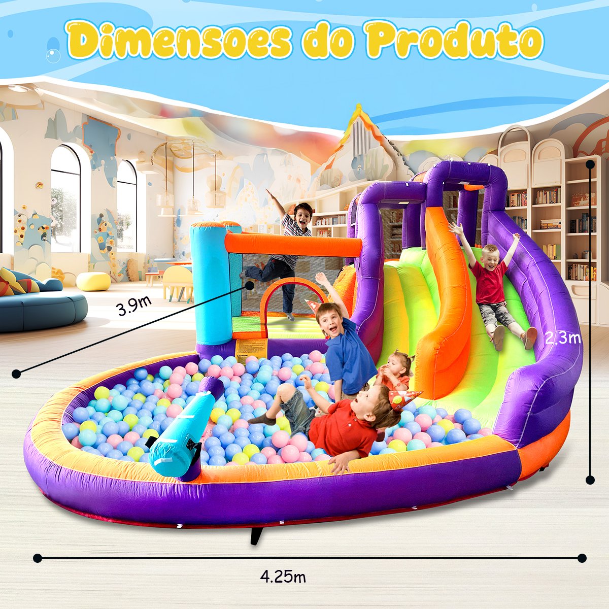 Pula-Pula-Inflável-Castelo-Com-Escorregador-Duplo-220-V-roxo-5 Pula Pula Inflável Com Escorregador E Piscina De Água – Brinquedo Para Festa Infantil Multi Park - Imagem 6